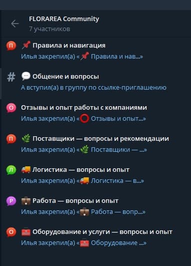 Тематические разделы сообщества FLORAREA в Telegram