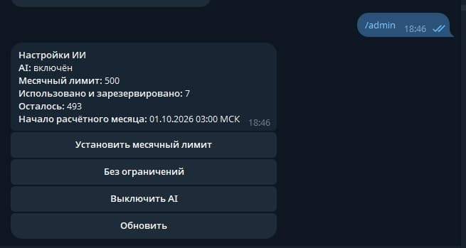 Настройки лимитов искусственного интеллекта FLORAREA
